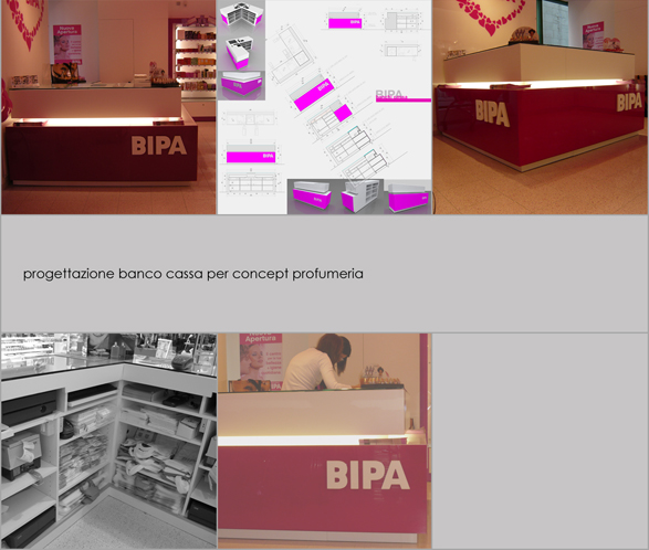 progettazione banco cassa per concept profumeria